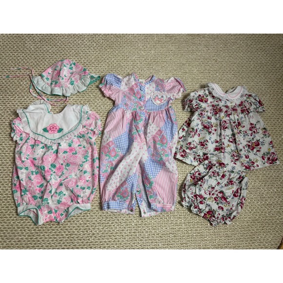 Other - Vintage Baby Girl Floral Patchwork Romper Jumpsuit Bundle 6-9 Cottagecore 90's